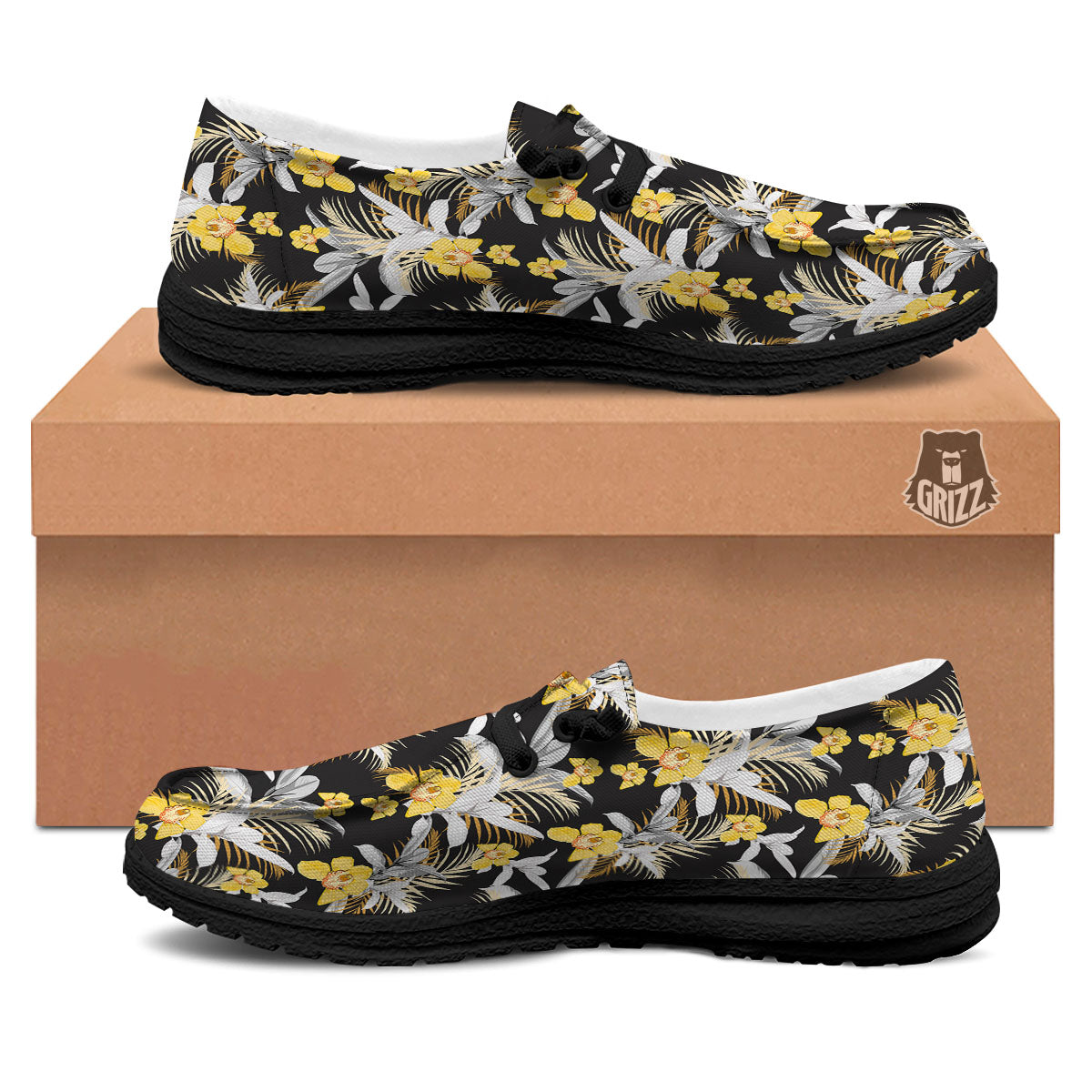 Orchid Yellow Print Pattern Black Loafers-grizzshop