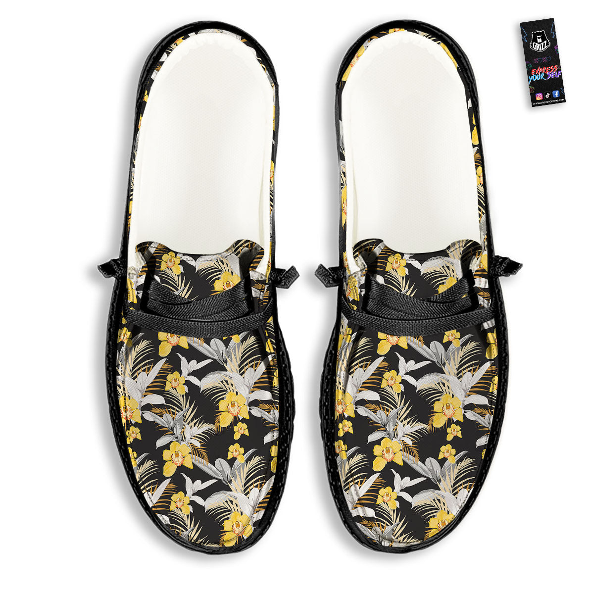 Orchid Yellow Print Pattern Black Loafers-grizzshop
