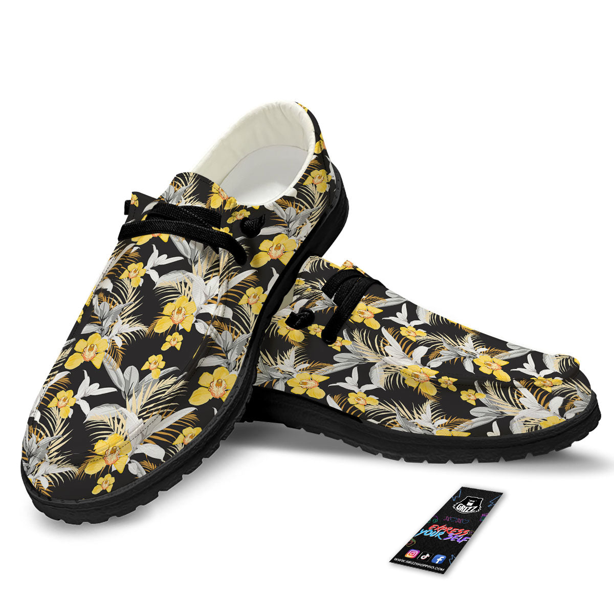 Orchid Yellow Print Pattern Black Loafers-grizzshop