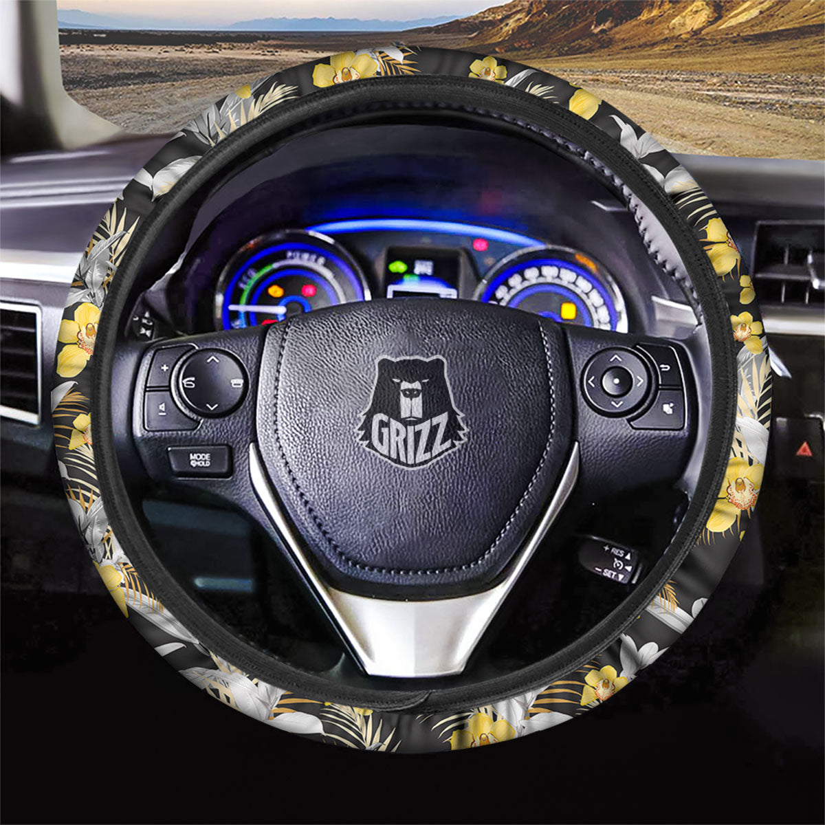 Orchid Yellow Print Pattern Car Steering Wheel Cover-grizzshop