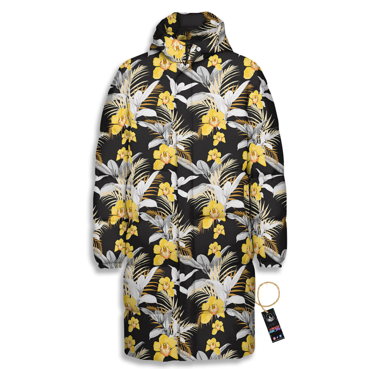 Orchid Yellow Print Pattern Long Down Jacket-grizzshop