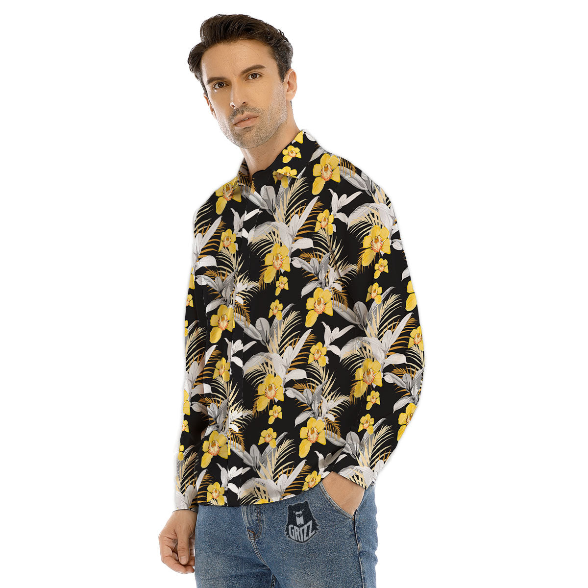 Orchid Yellow Print Pattern Men's Dress Shirts-grizzshop