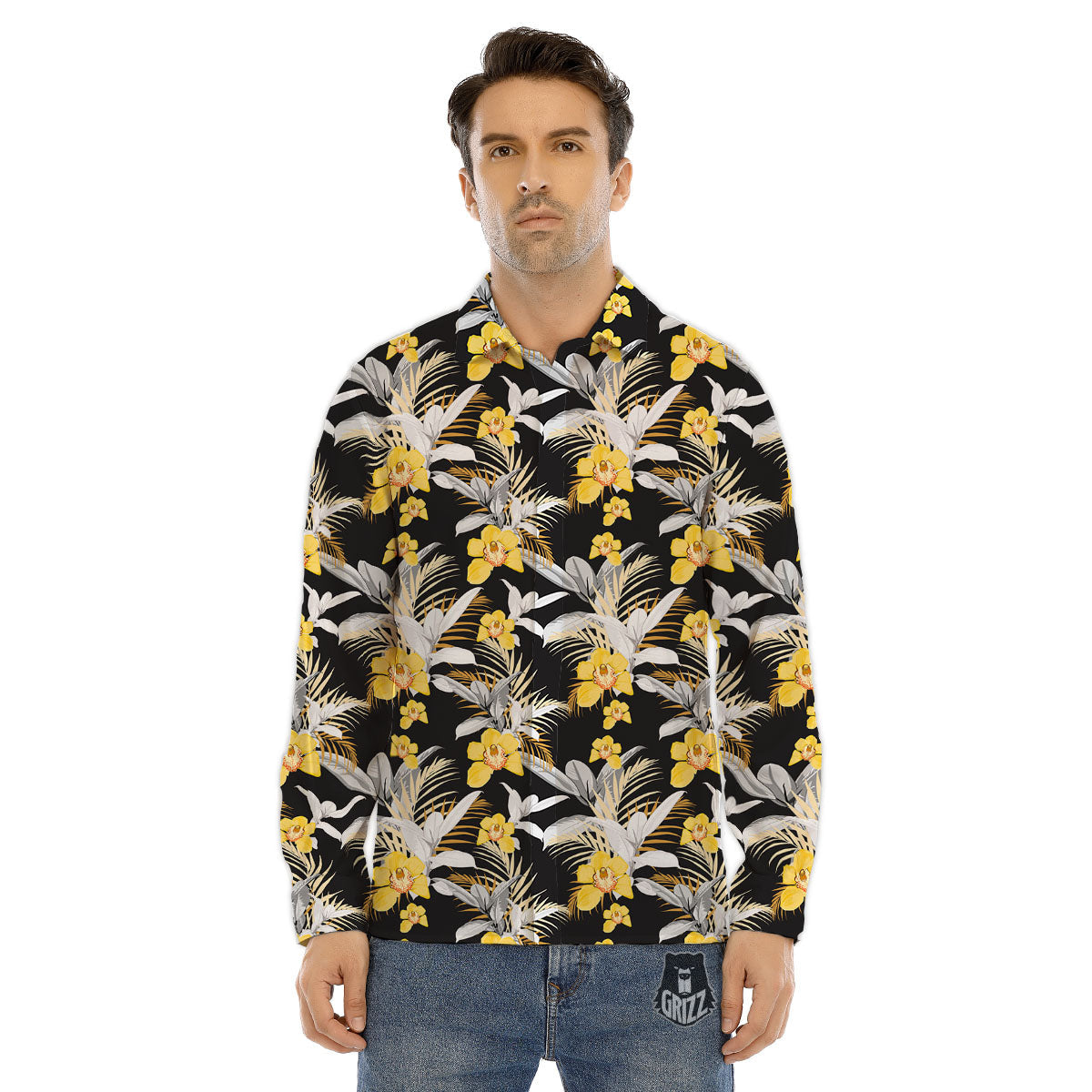 Orchid Yellow Print Pattern Men's Dress Shirts-grizzshop