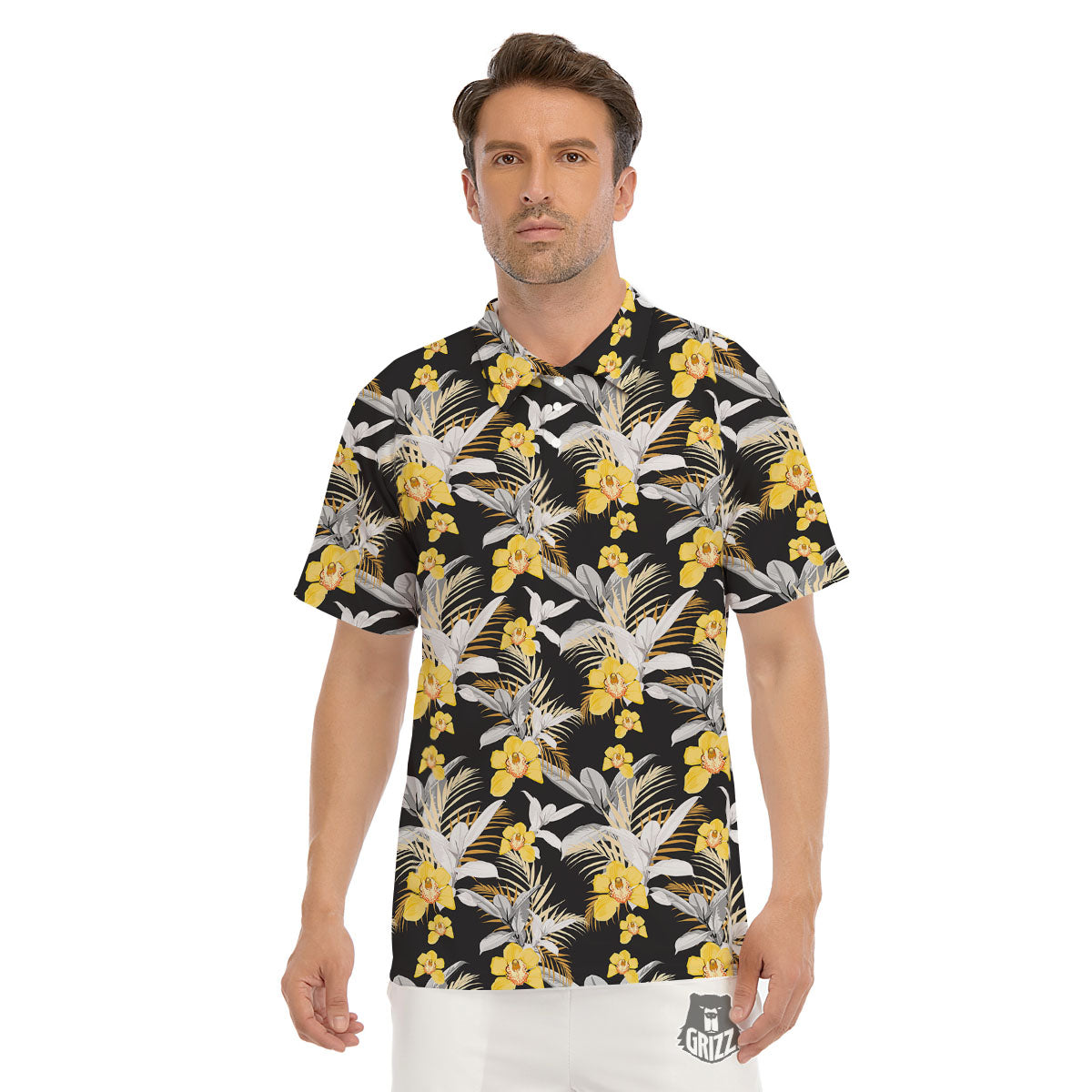 Orchid Yellow Print Pattern Men's Golf Shirts-grizzshop