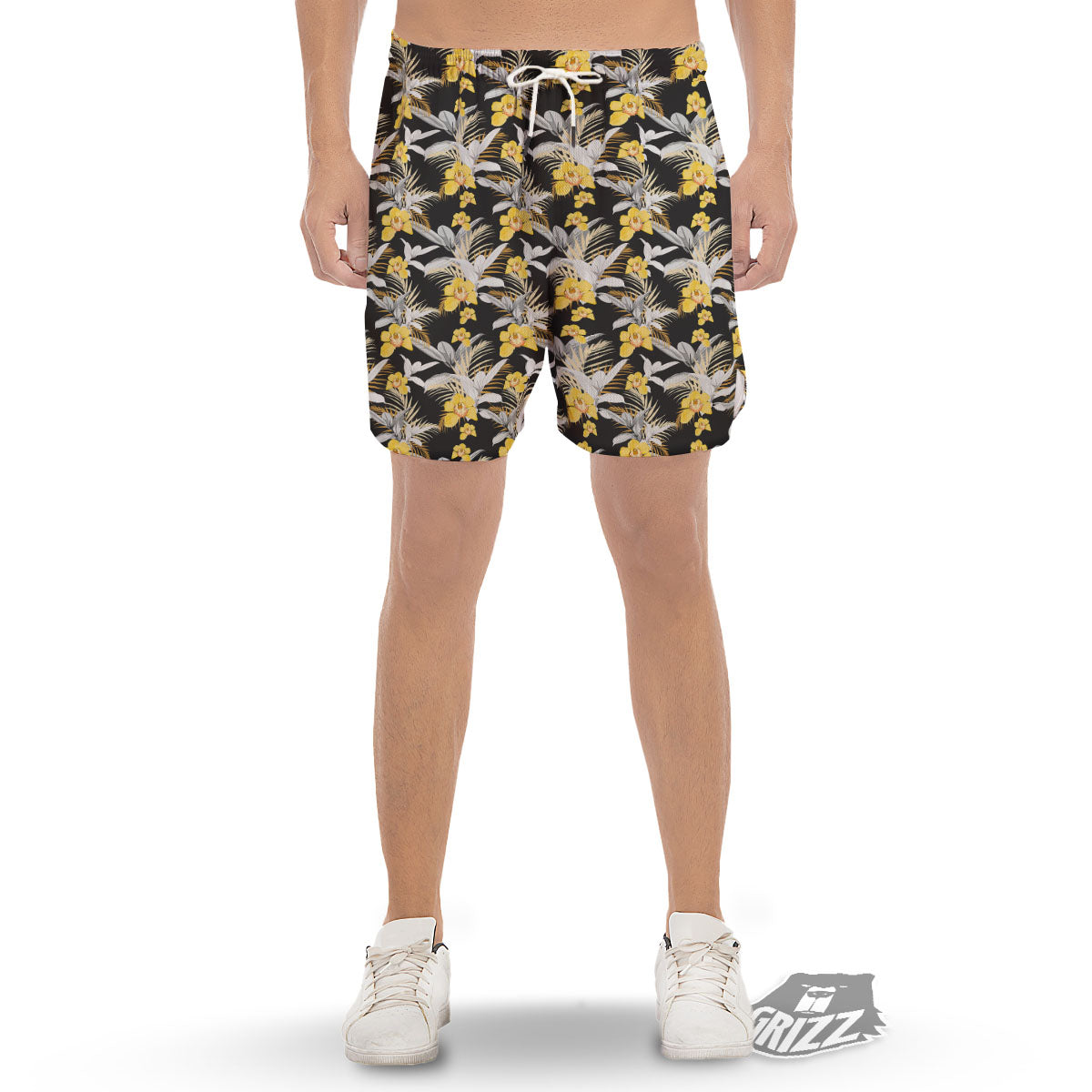 Orchid Yellow Print Pattern Men's Gym Shorts-grizzshop
