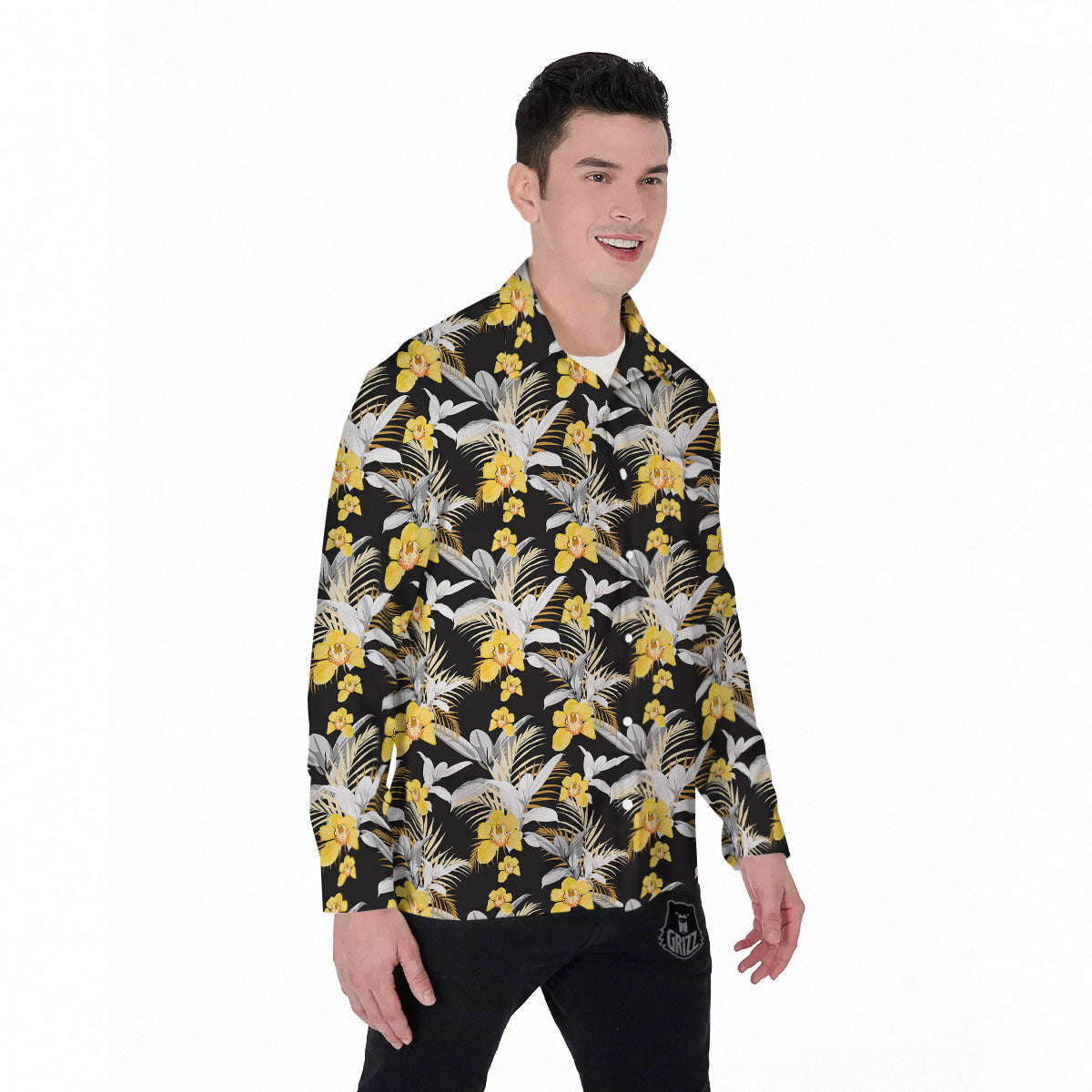 Orchid Yellow Print Pattern Men's Long Sleeve Shirts-grizzshop