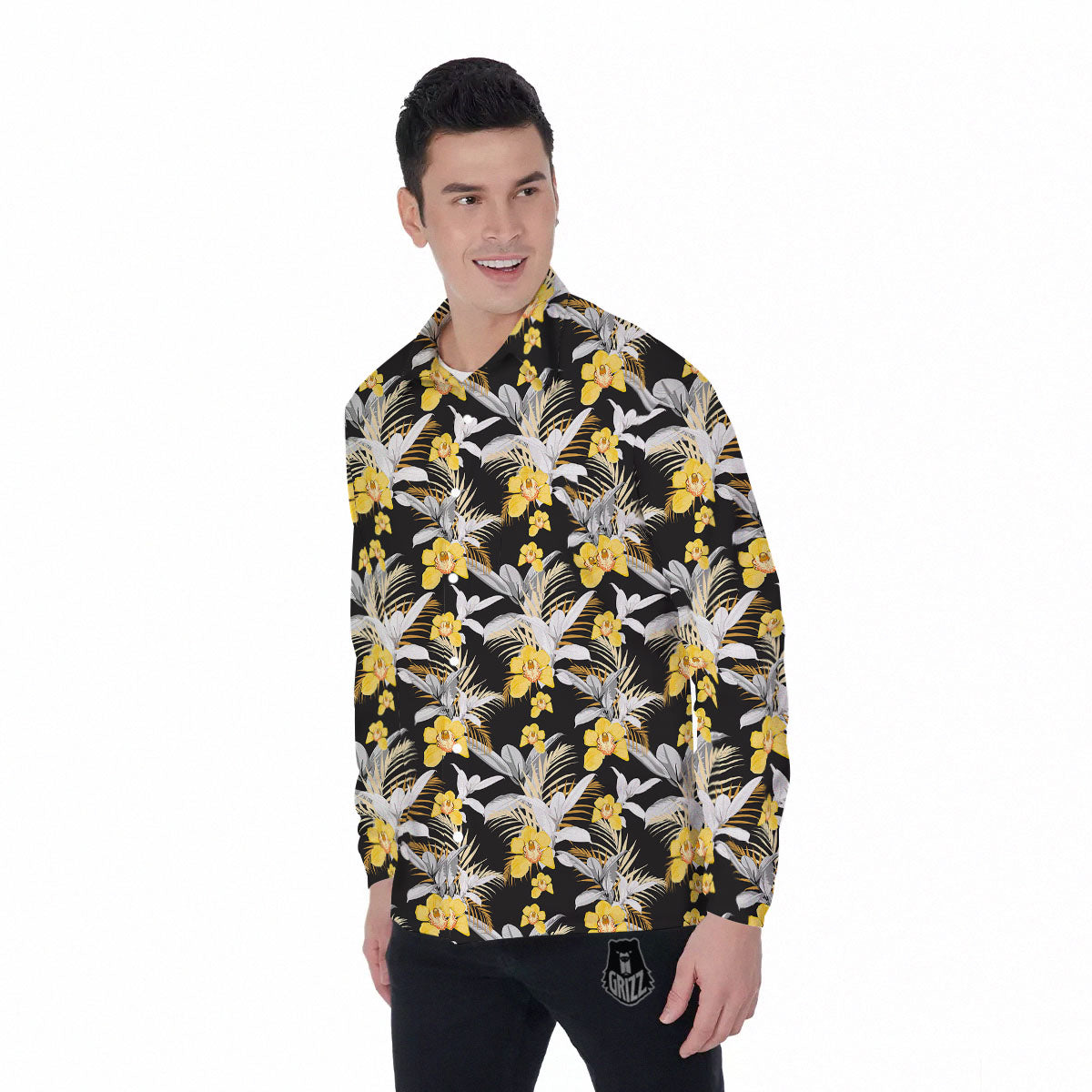 Orchid Yellow Print Pattern Men's Long Sleeve Shirts-grizzshop