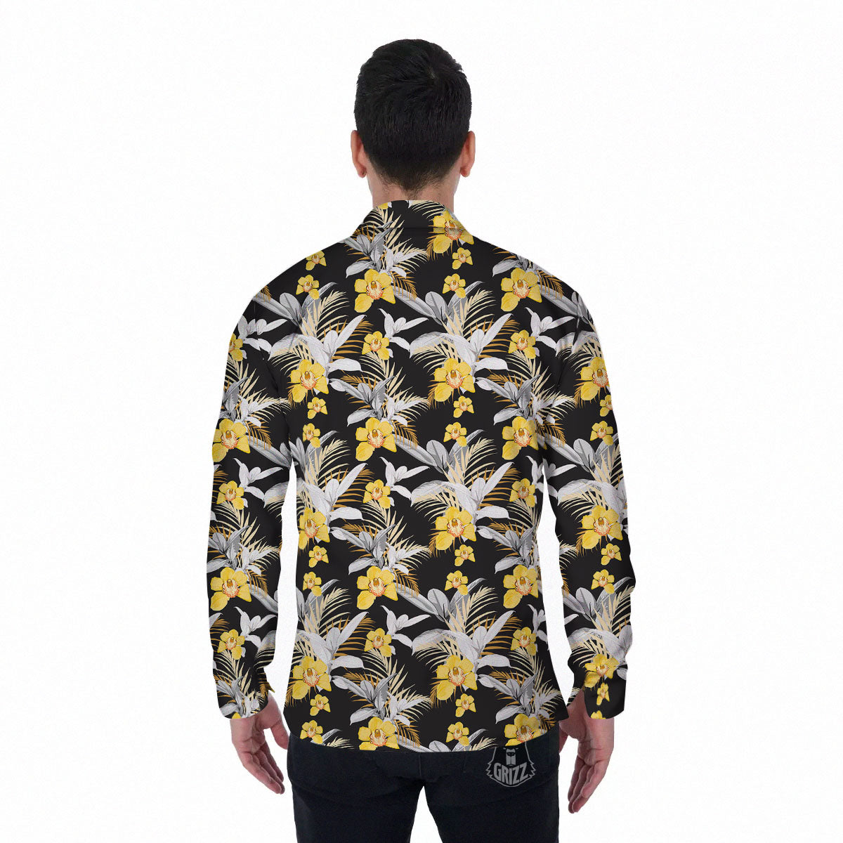 Orchid Yellow Print Pattern Men's Long Sleeve Shirts-grizzshop