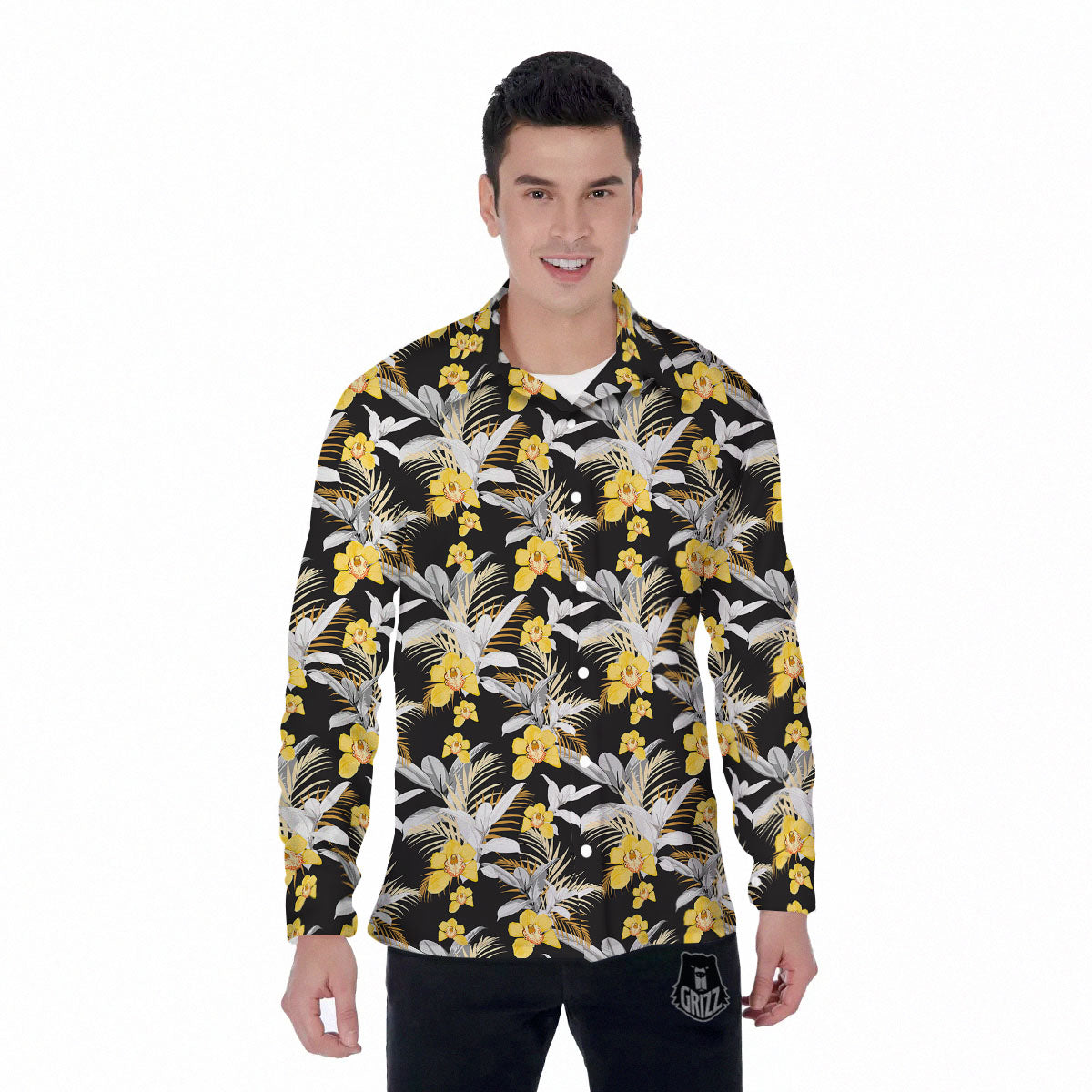 Orchid Yellow Print Pattern Men's Long Sleeve Shirts-grizzshop