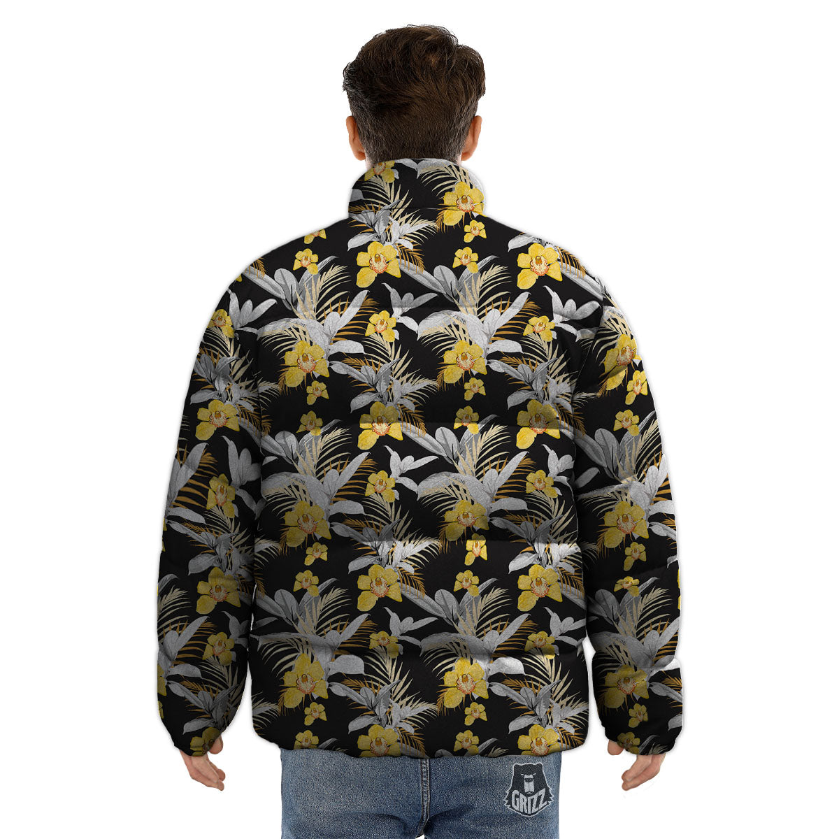 Orchid Yellow Print Pattern Puffer Jacket-grizzshop