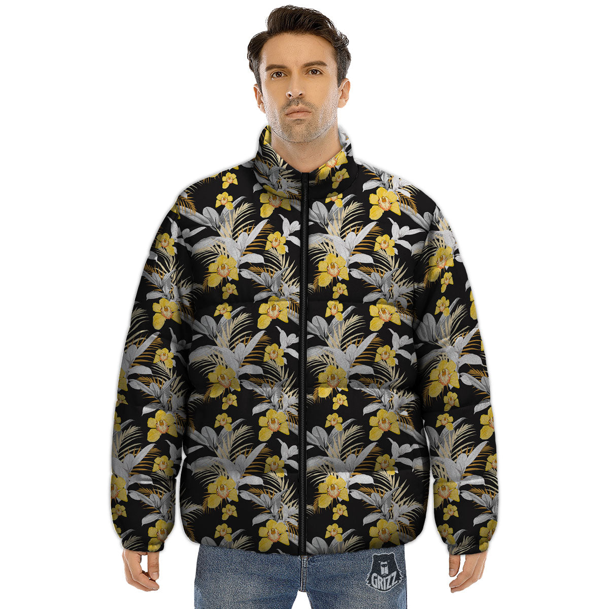 Orchid Yellow Print Pattern Puffer Jacket-grizzshop