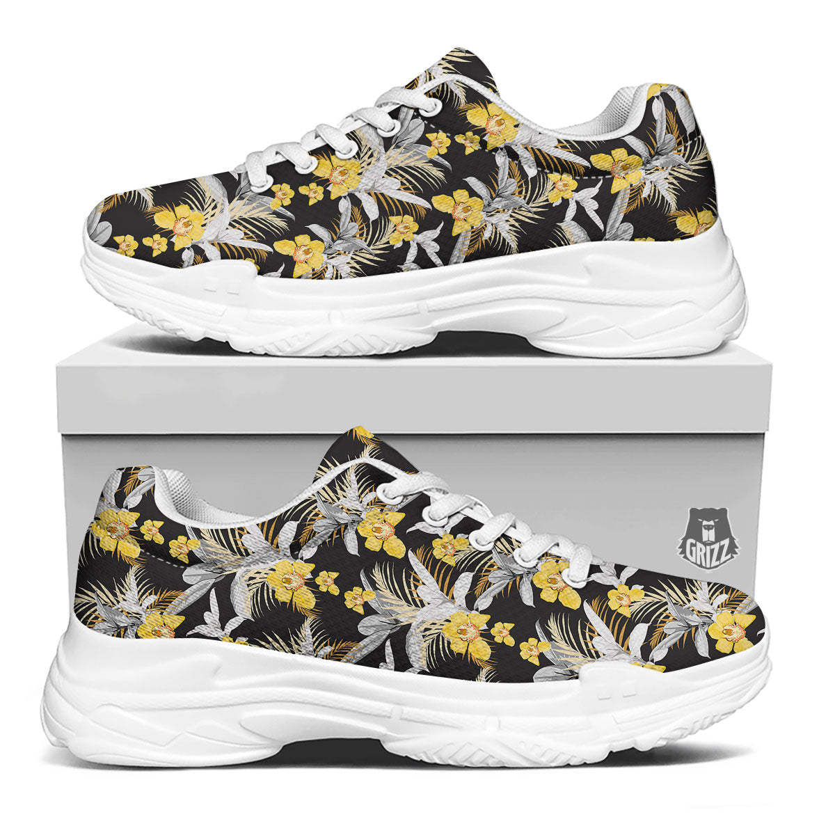 Orchid Yellow Print Pattern White Chunky Shoes-grizzshop