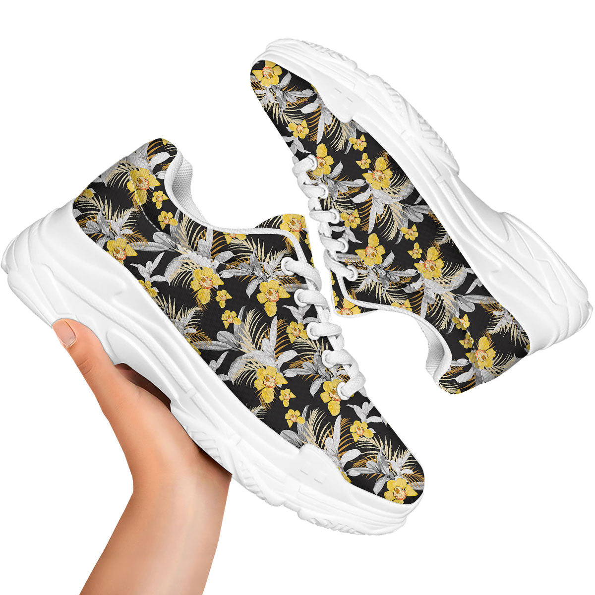 Orchid Yellow Print Pattern White Chunky Shoes-grizzshop
