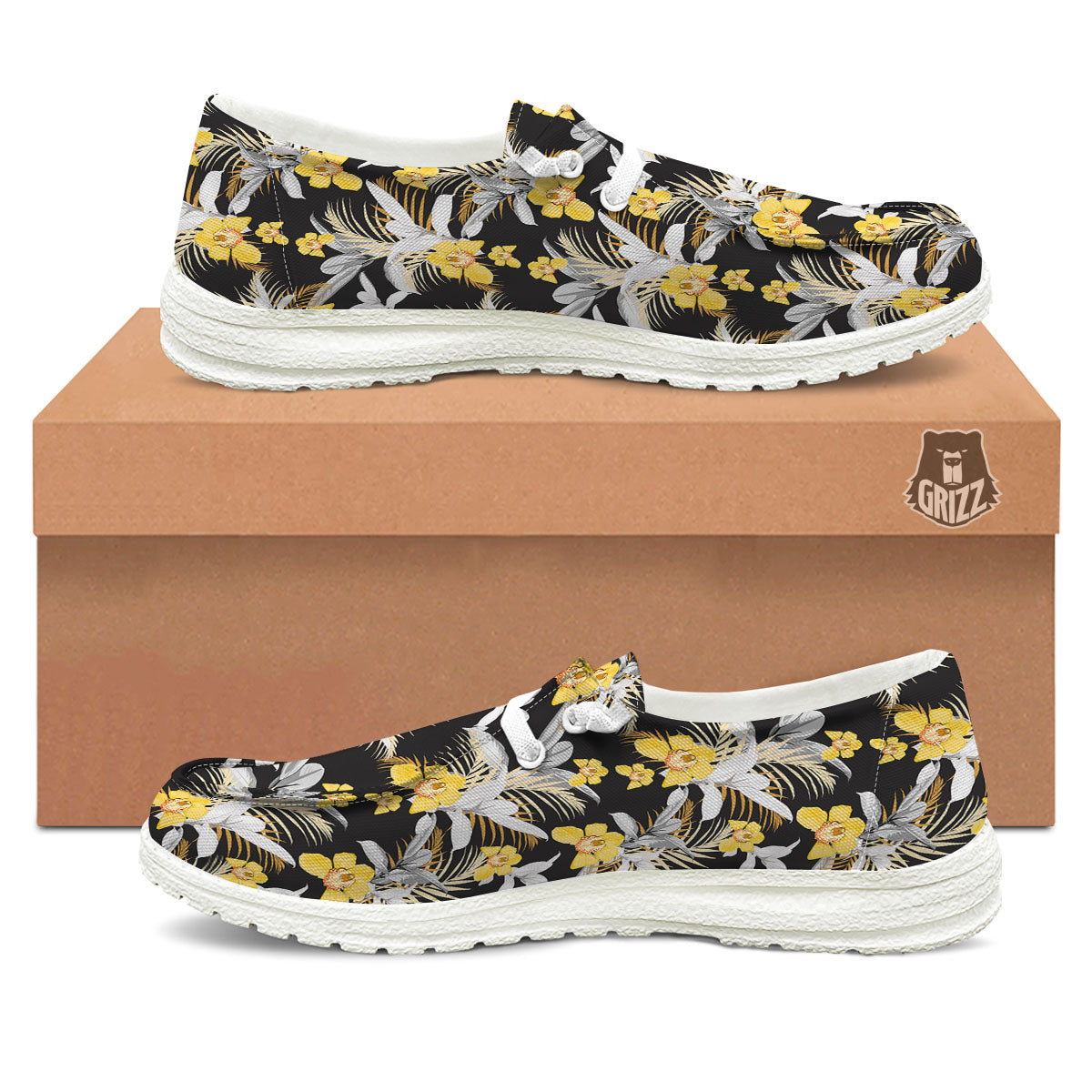 Orchid Yellow Print Pattern White Loafers-grizzshop