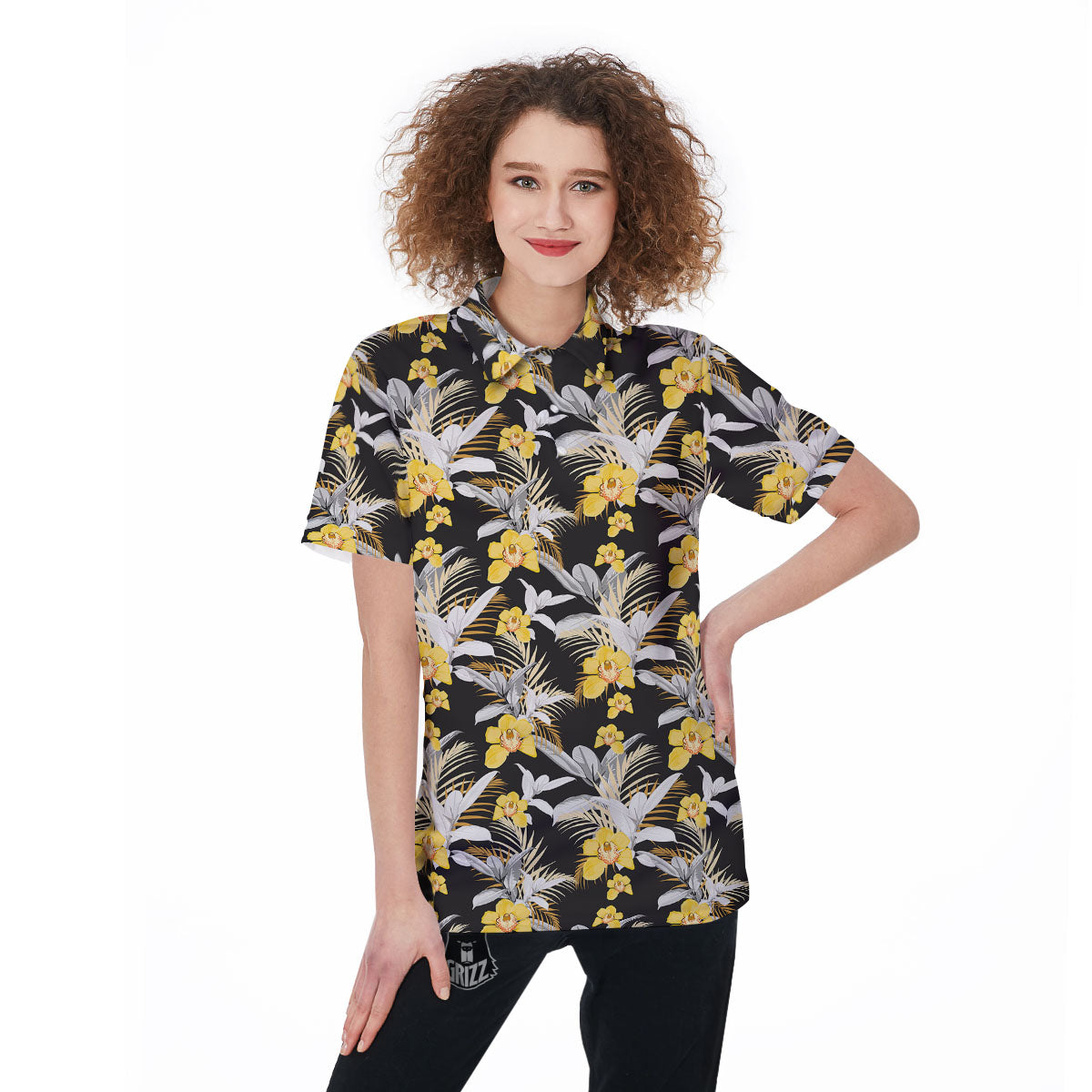 Orchid Yellow Print Pattern Women's Golf Shirts-grizzshop