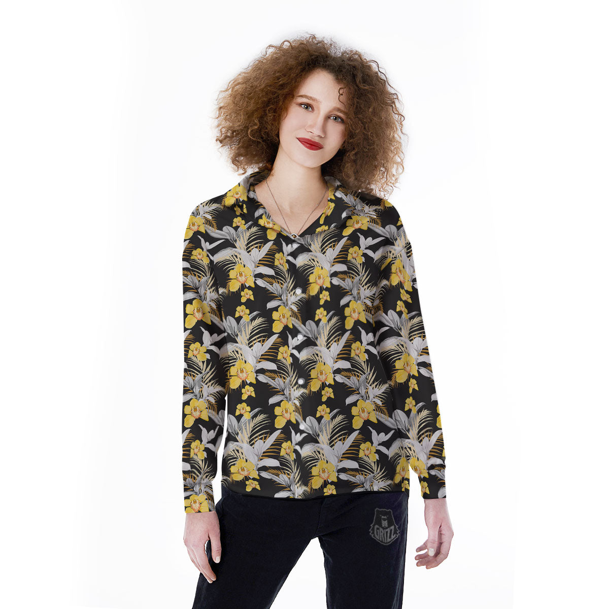 Orchid Yellow Print Pattern Women's Long Sleeve Shirts-grizzshop