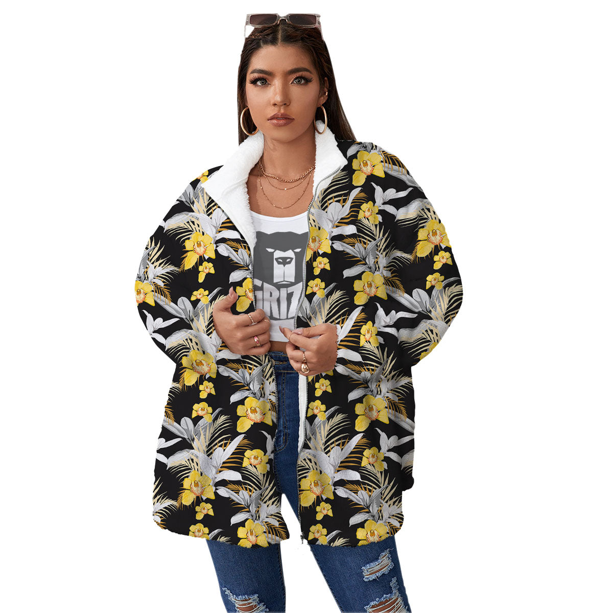 Orchid Yellow Print Pattern Women's Sherpa Jacket-grizzshop