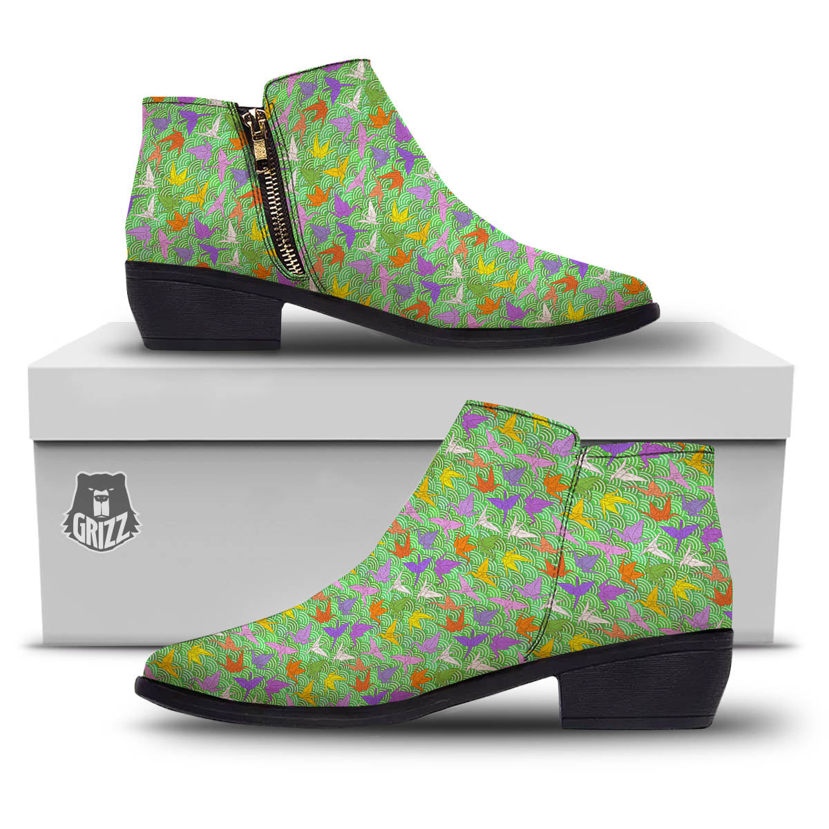 Origami Bird Colorful Print Pattern Ankle Boots-grizzshop