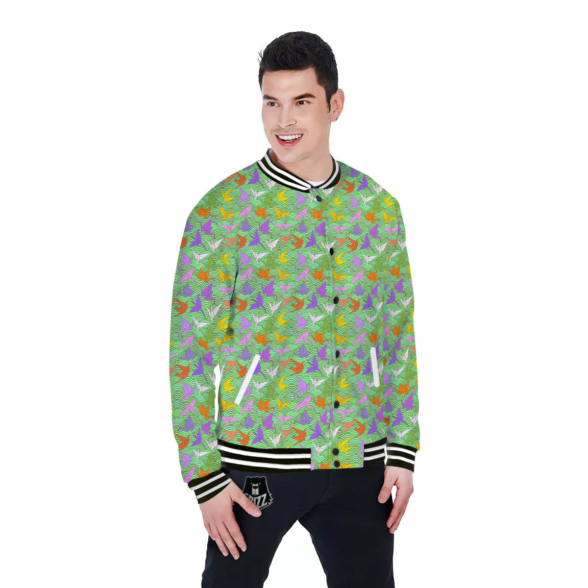 Origami Bird Colorful Print Pattern Baseball Jacket-grizzshop