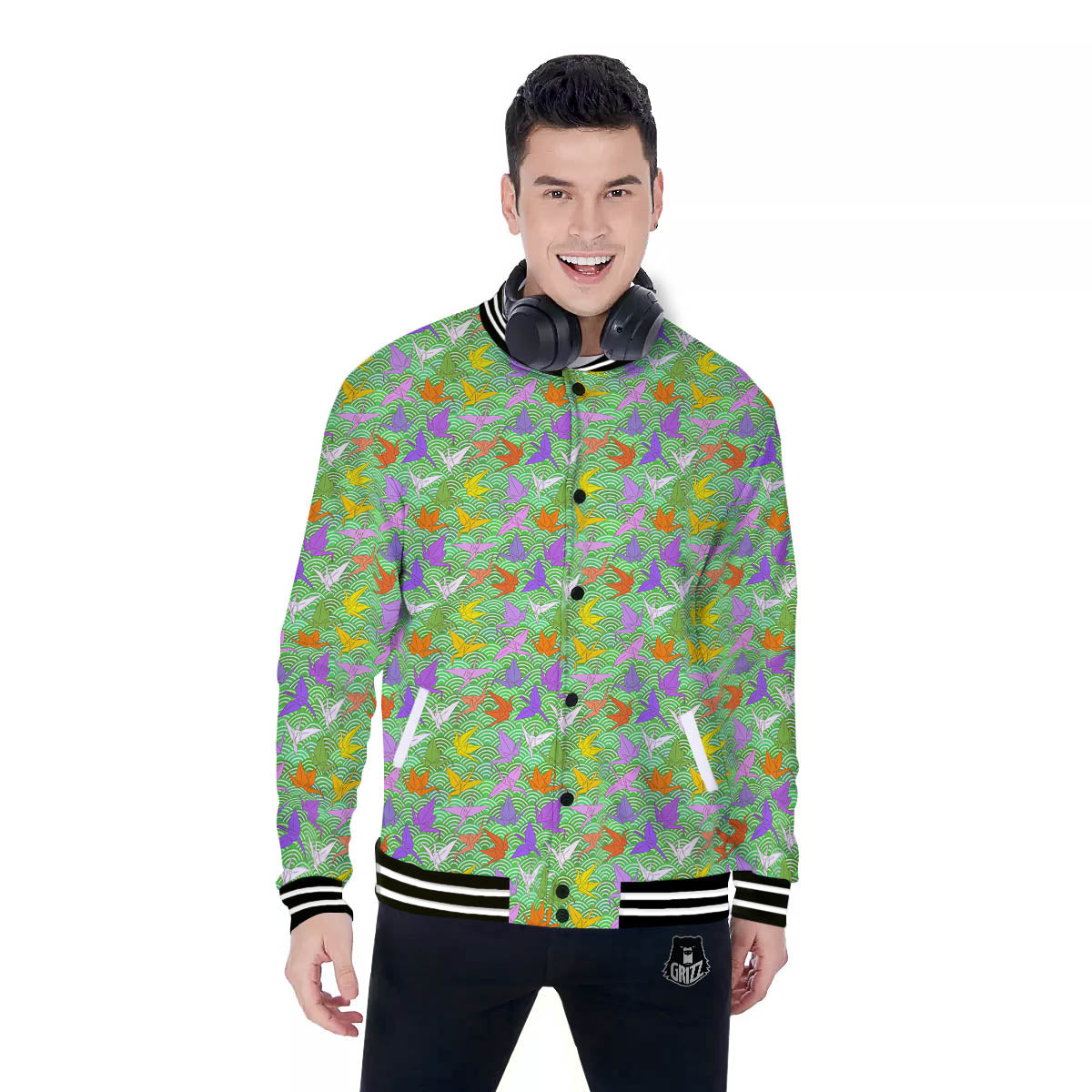 Origami Bird Colorful Print Pattern Baseball Jacket-grizzshop