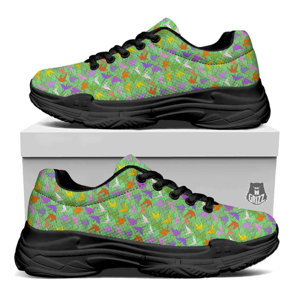 Origami Bird Colorful Print Pattern Black Chunky Shoes-grizzshop
