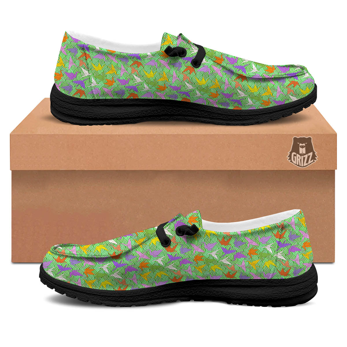 Origami Bird Colorful Print Pattern Black Loafers-grizzshop