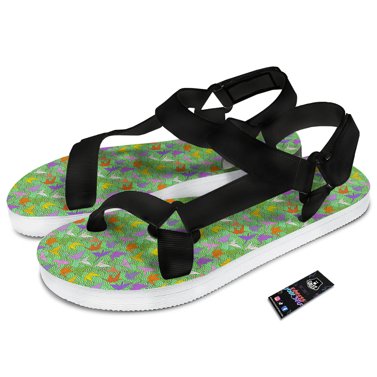 Origami Bird Colorful Print Pattern Black Open Toe Sandals-grizzshop