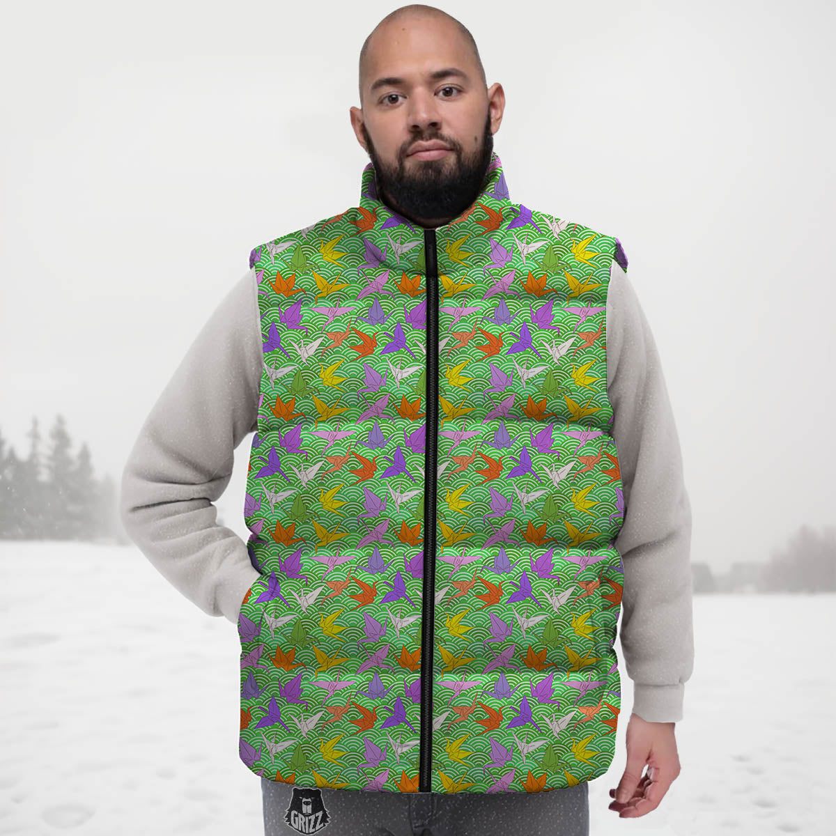 Origami Bird Colorful Print Pattern Down Vest