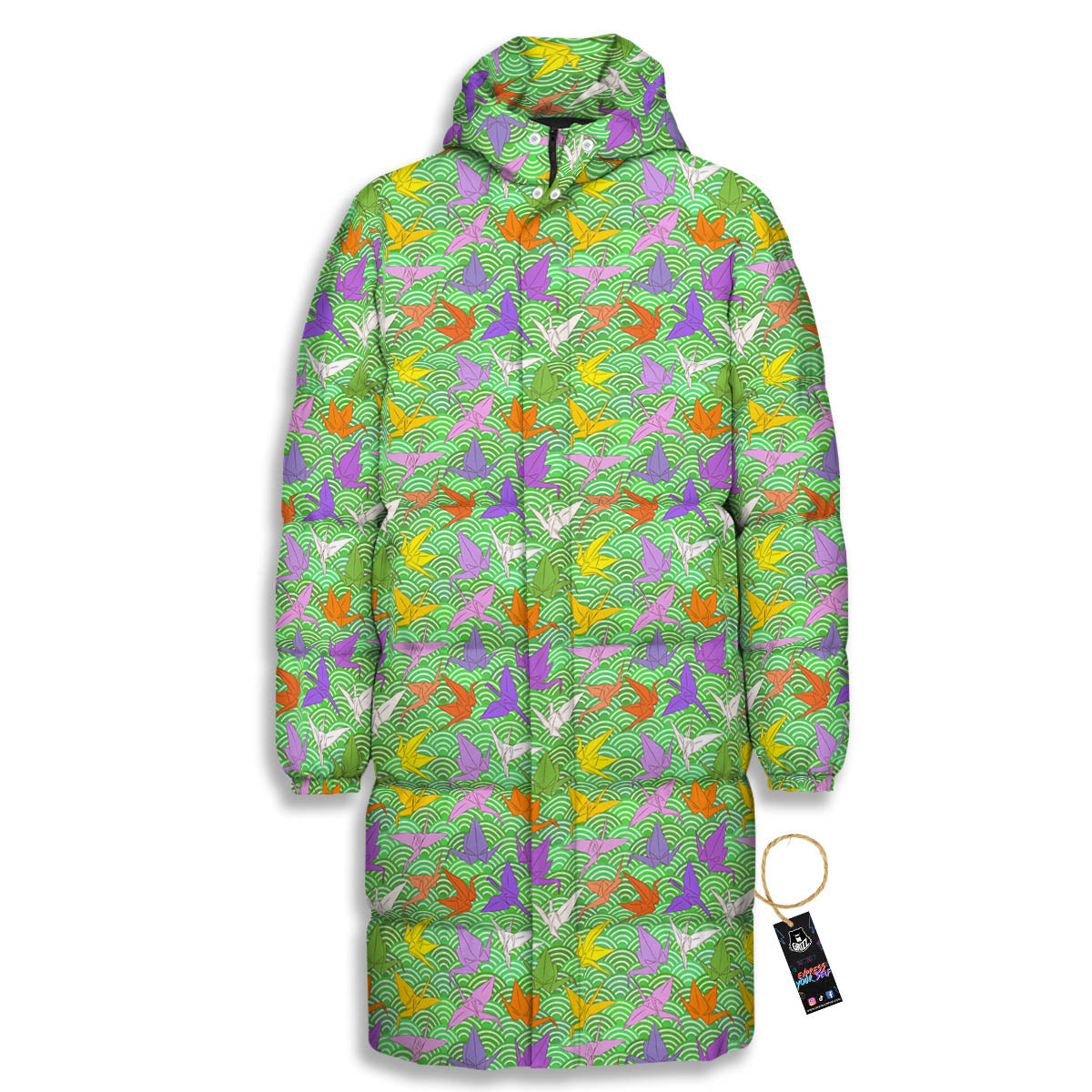 Origami Bird Colorful Print Pattern Long Down Jacket-grizzshop