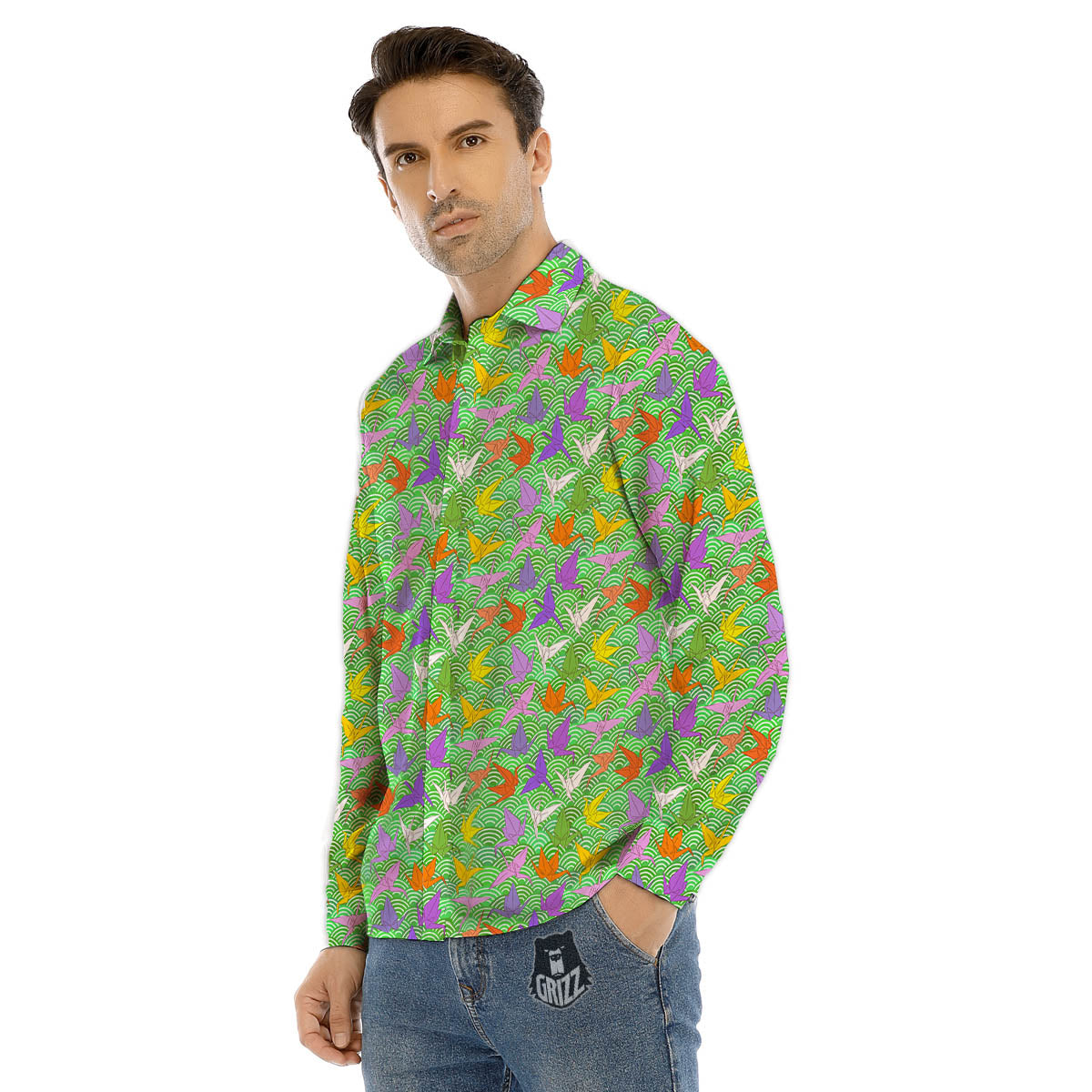 Origami Bird Colorful Print Pattern Men's Dress Shirts-grizzshop