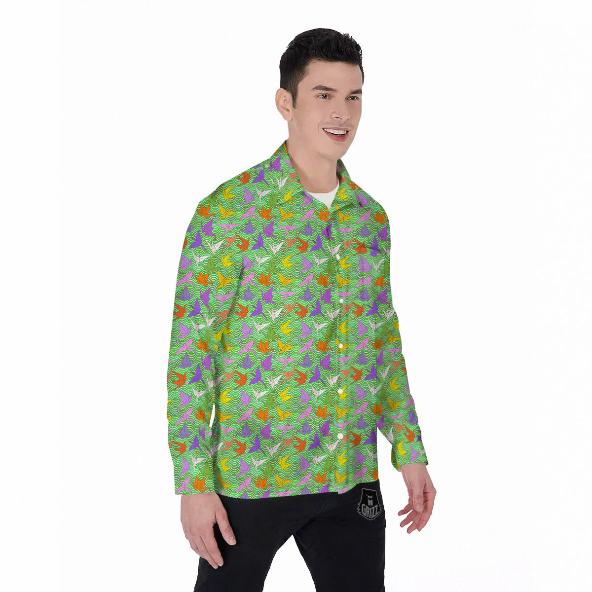 Origami Bird Colorful Print Pattern Men's Long Sleeve Shirts-grizzshop