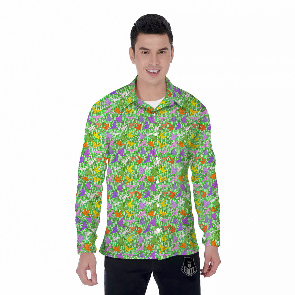 Origami Bird Colorful Print Pattern Men's Long Sleeve Shirts-grizzshop