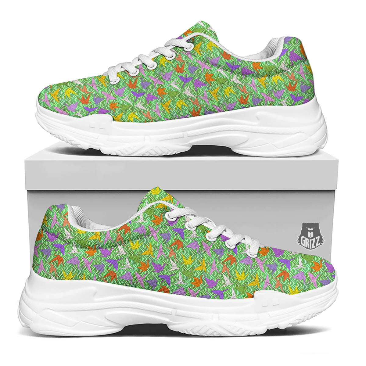 Origami Bird Colorful Print Pattern White Chunky Shoes-grizzshop