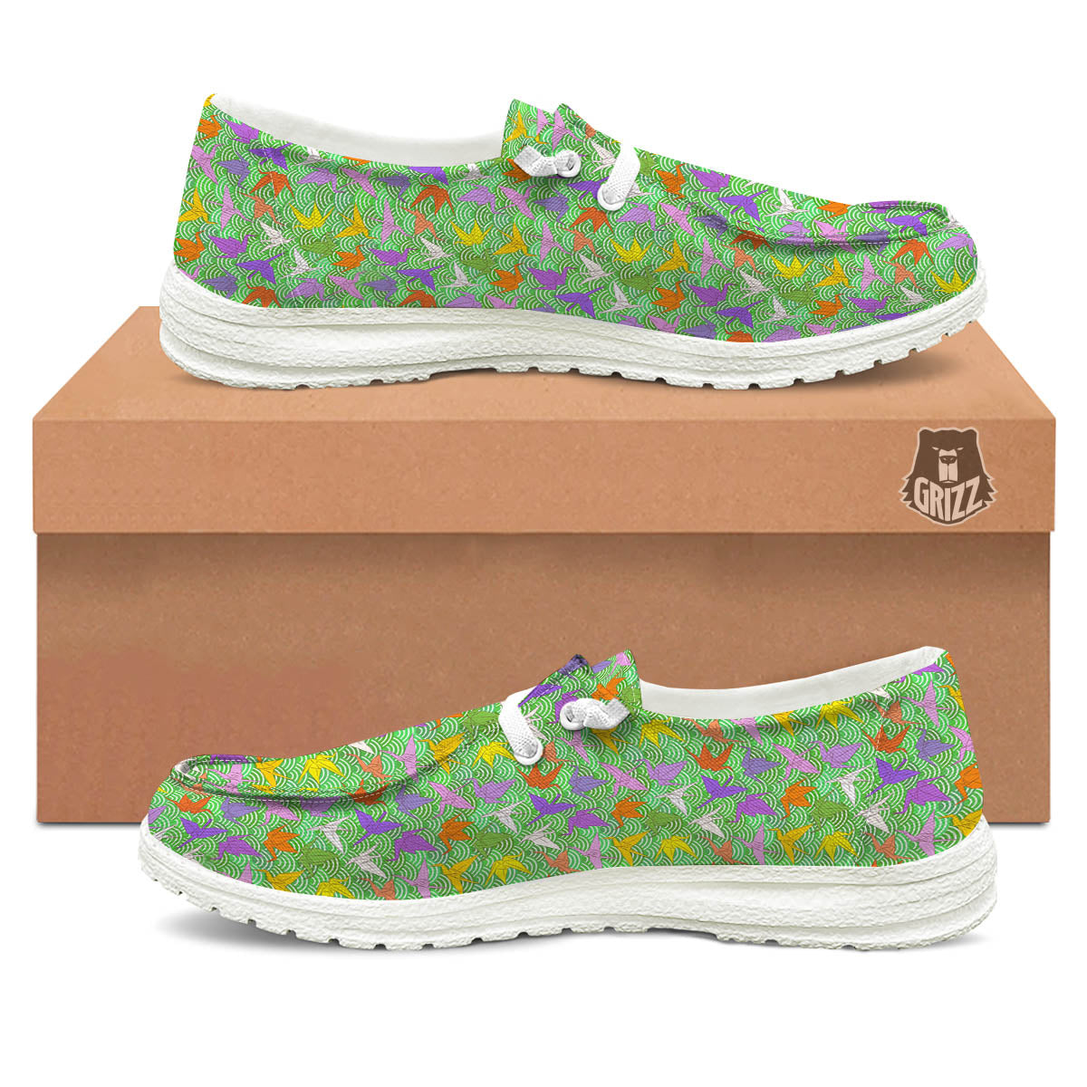 Origami Bird Colorful Print Pattern White Loafers-grizzshop