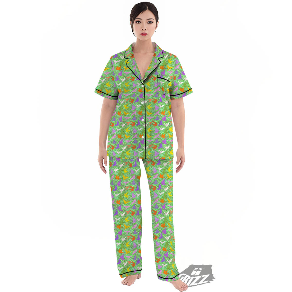Origami Bird Colorful Print Pattern Women's Pajamas Set-grizzshop