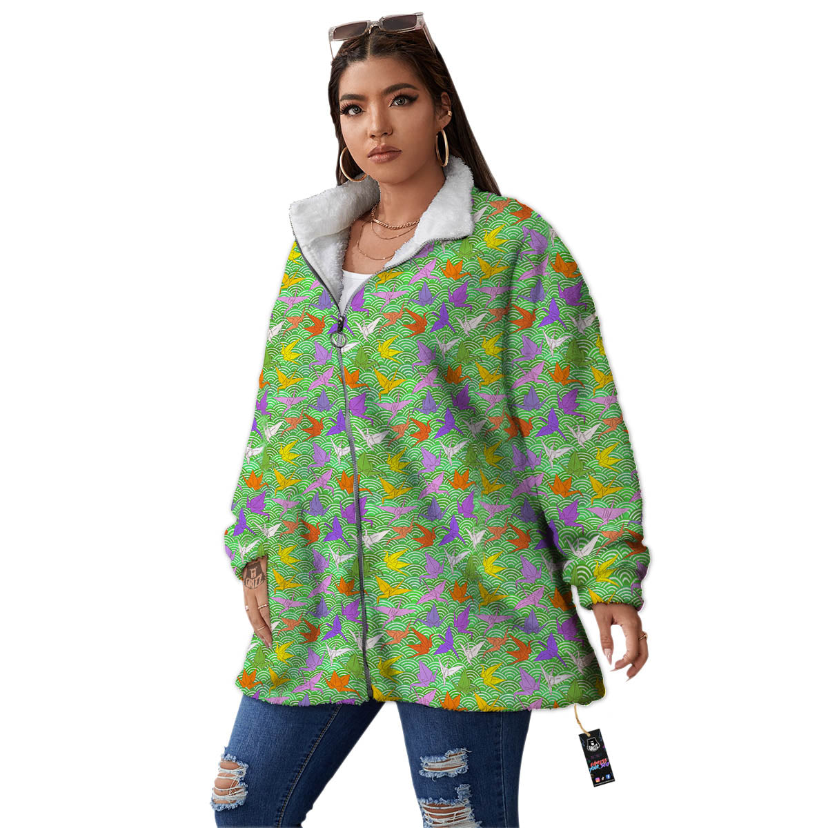 Origami Bird Colorful Print Pattern Women's Sherpa Jacket-grizzshop
