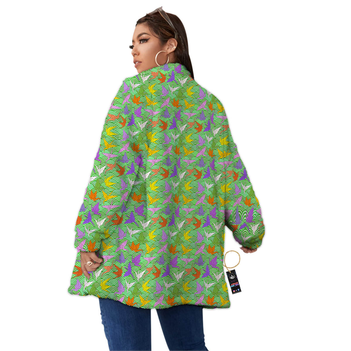 Origami Bird Colorful Print Pattern Women's Sherpa Jacket-grizzshop