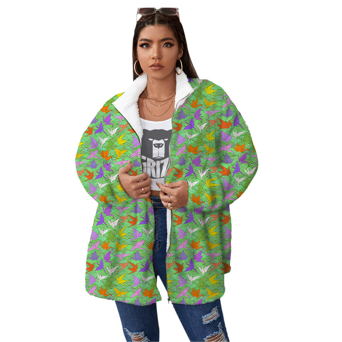 Origami Bird Colorful Print Pattern Women's Sherpa Jacket-grizzshop