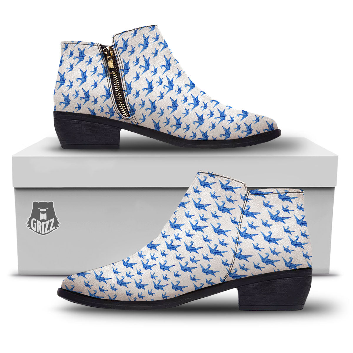 Origami Crane Blue Print Pattern Ankle Boots-grizzshop