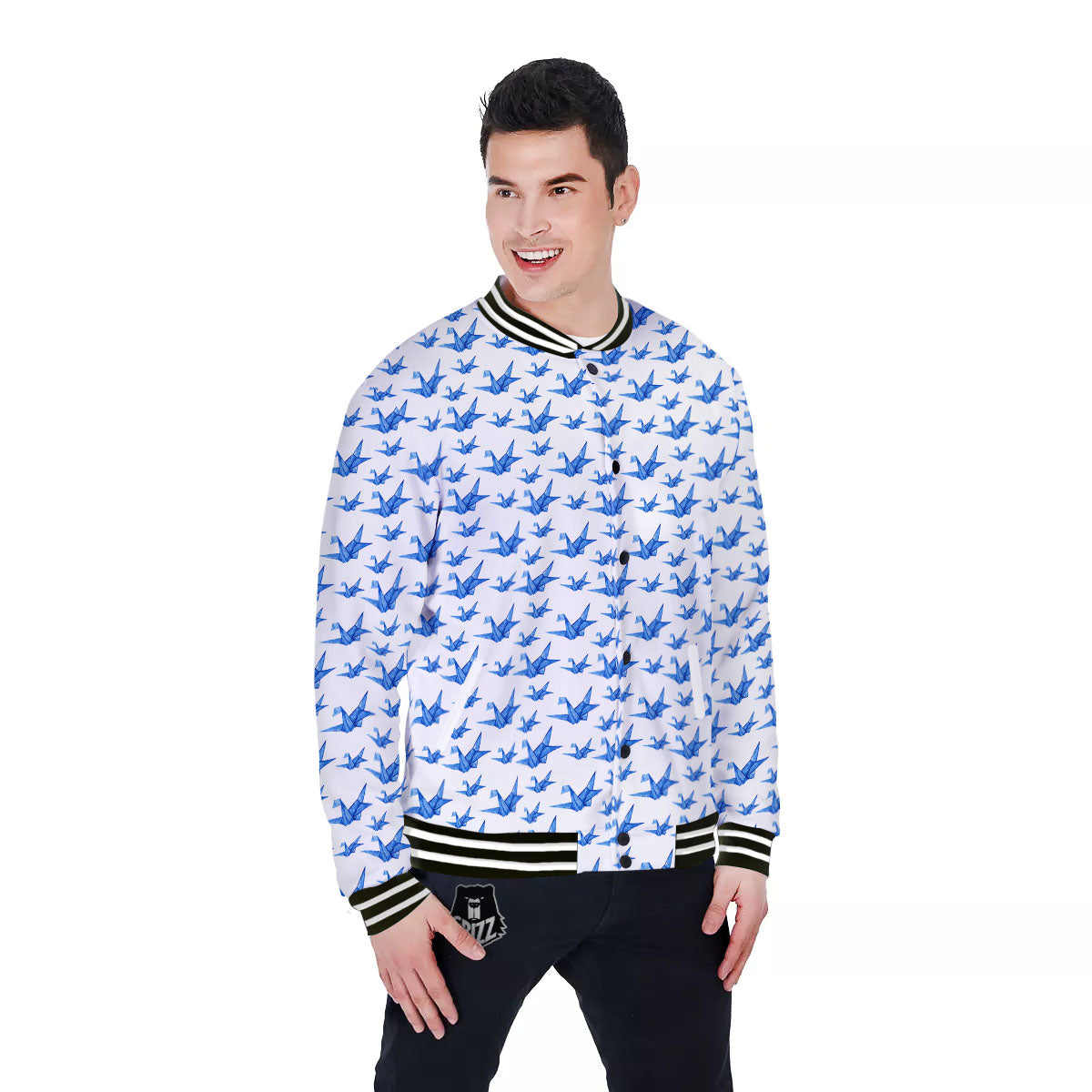 Origami Crane Blue Print Pattern Baseball Jacket-grizzshop