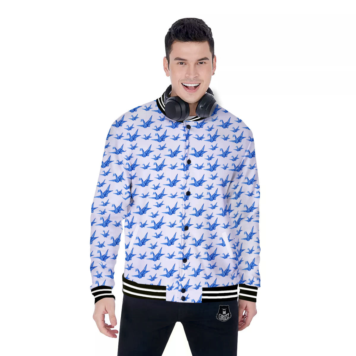 Origami Crane Blue Print Pattern Baseball Jacket-grizzshop