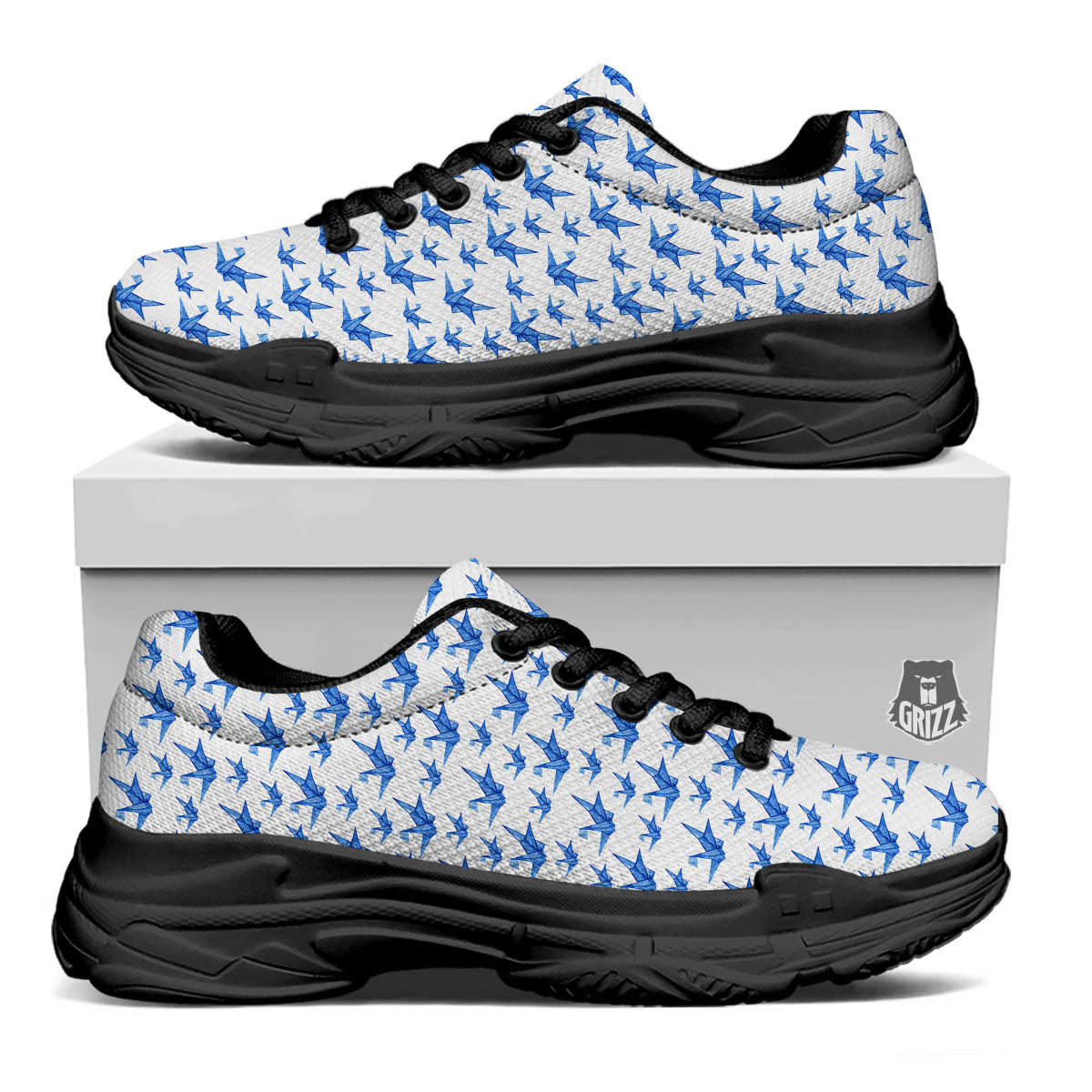 Origami Crane Blue Print Pattern Black Chunky Shoes-grizzshop