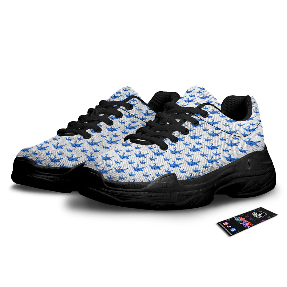Origami Crane Blue Print Pattern Black Chunky Shoes-grizzshop