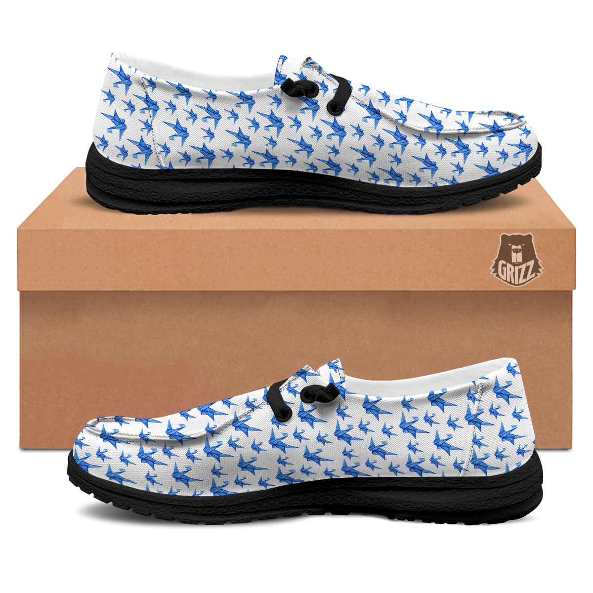 Origami Crane Blue Print Pattern Black Loafers-grizzshop