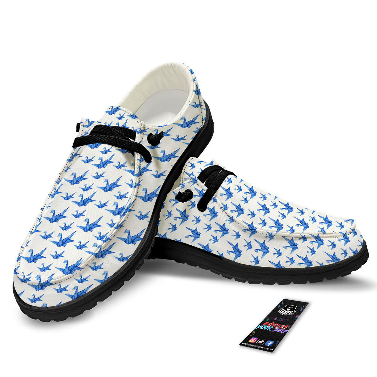 Origami Crane Blue Print Pattern Black Loafers-grizzshop