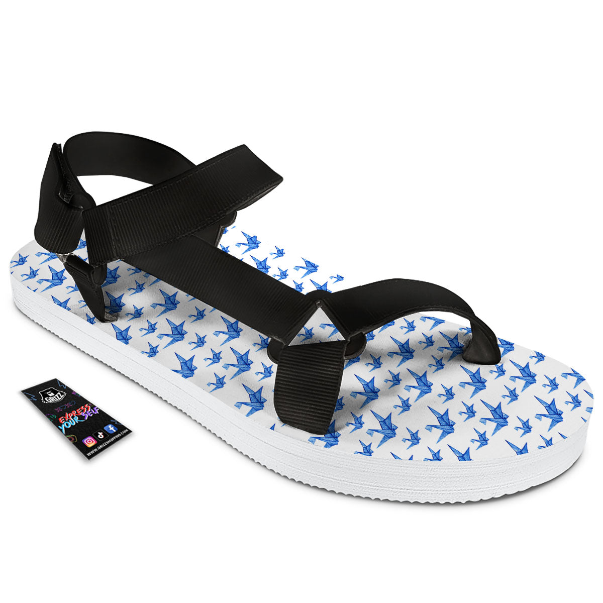 Origami Crane Blue Print Pattern Black Open Toe Sandals-grizzshop