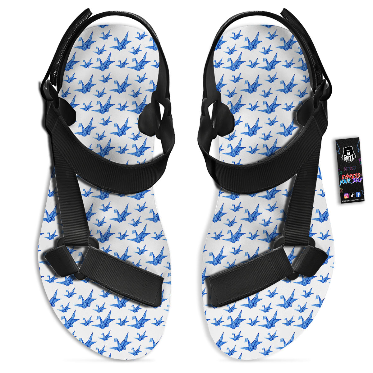 Origami Crane Blue Print Pattern Black Open Toe Sandals-grizzshop