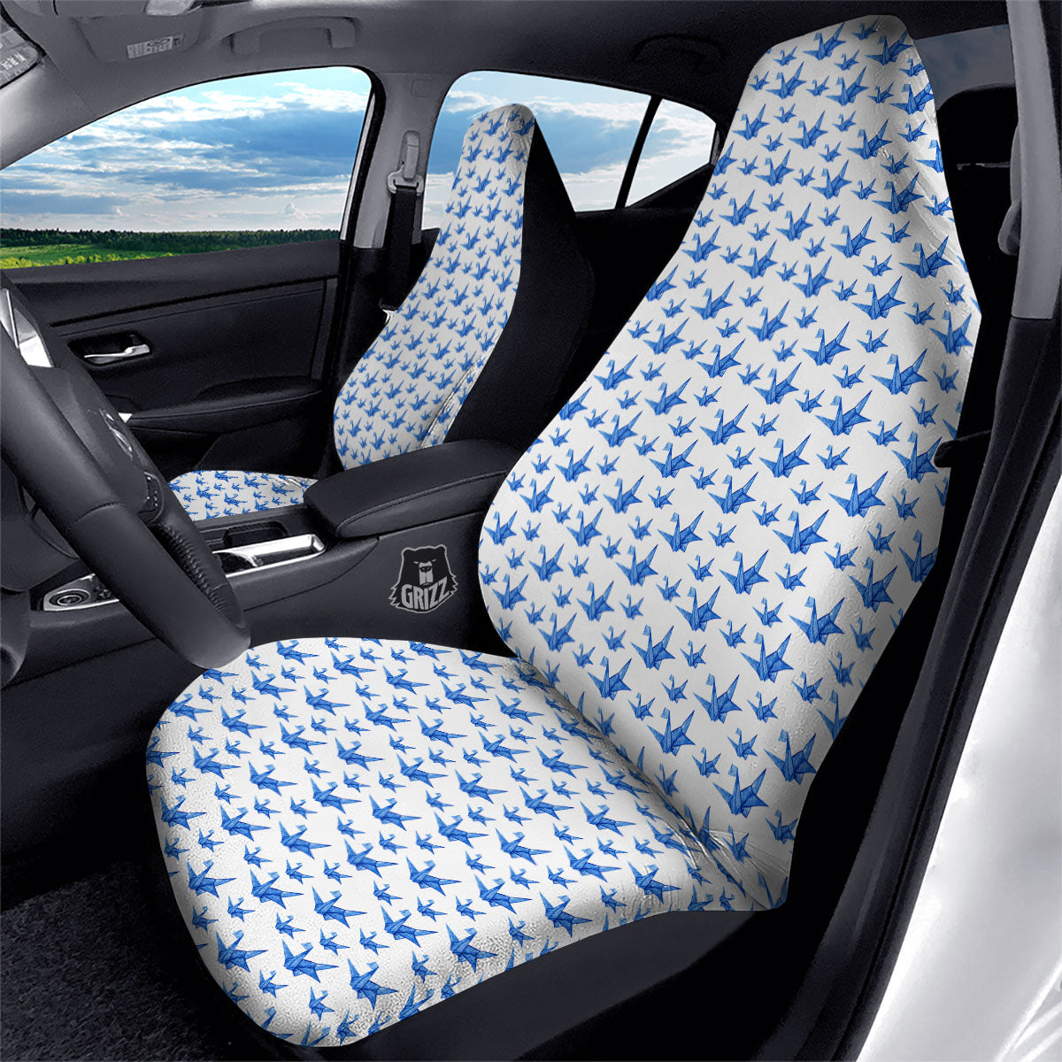 Origami Crane Blue Print Pattern Car Seat Covers-grizzshop