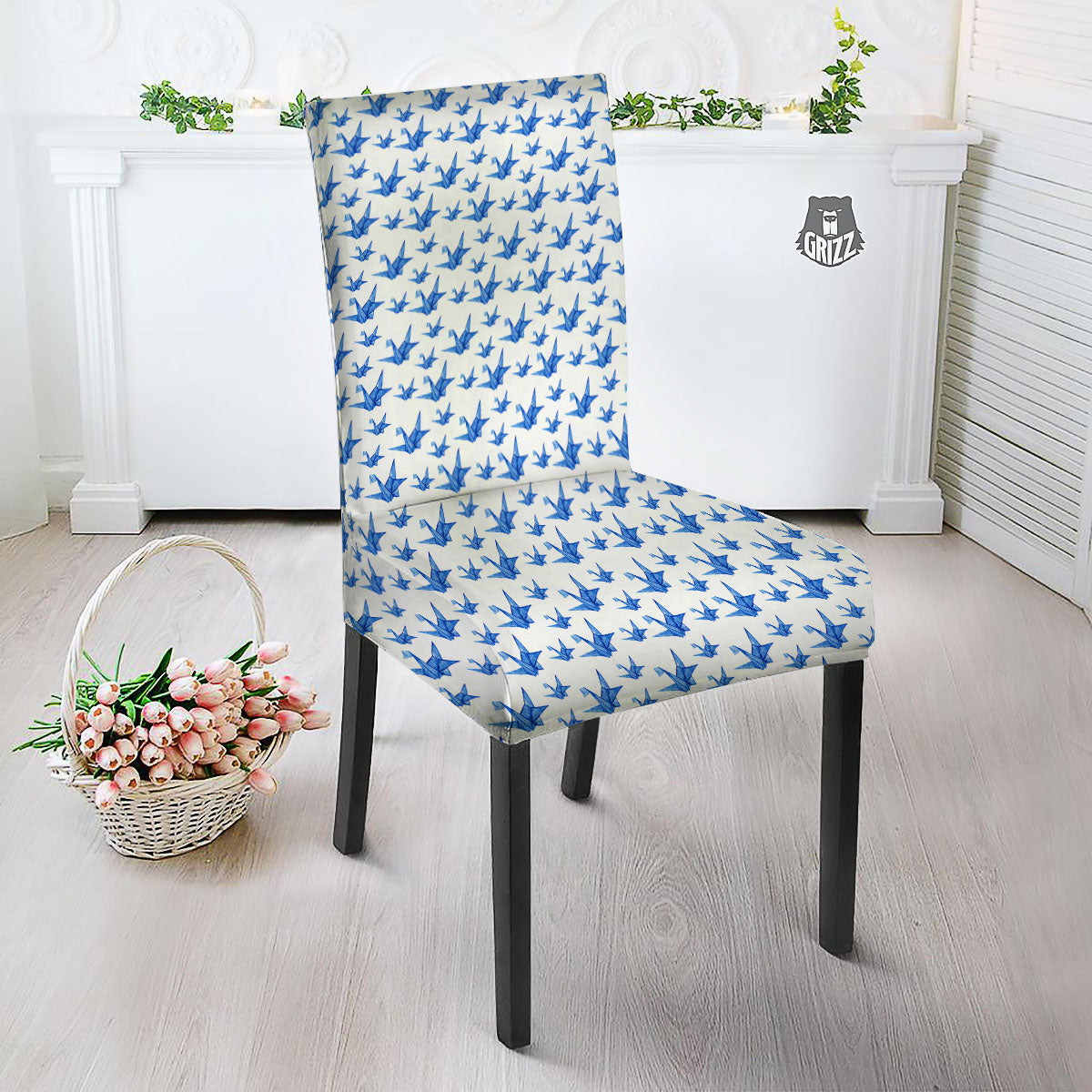 Origami Crane Blue Print Pattern Dining Chair Slipcover-grizzshop