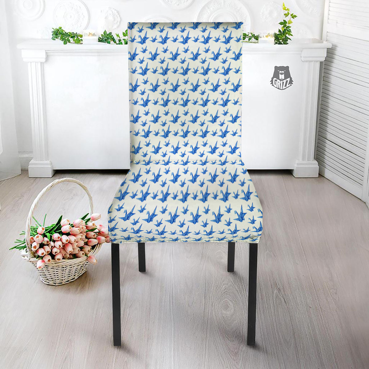 Origami Crane Blue Print Pattern Dining Chair Slipcover-grizzshop